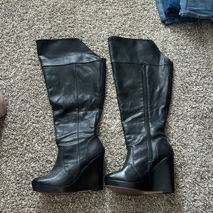 EUC Torrid Over the knee leather stacked wedge high heel boots